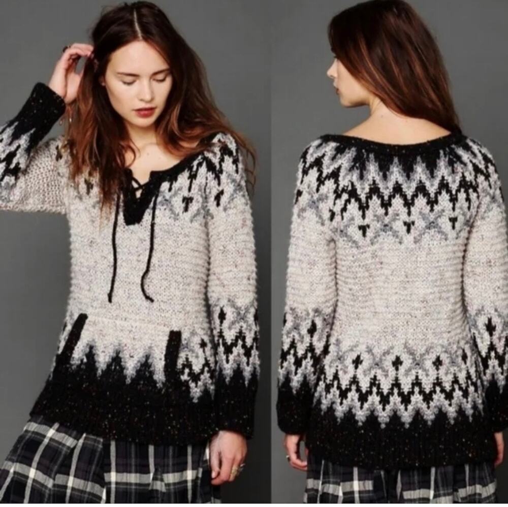 Free People Love Bug Nordic Fair Isle Sweater Alpaca Mohair Lace Up XS Gray